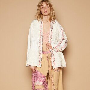 POL Embroidered Lace Patch Zip Up Hooded Jacket